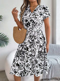 Printed V-Neck Short Sleeve Dress - Trendsi - Flyclothing LLC