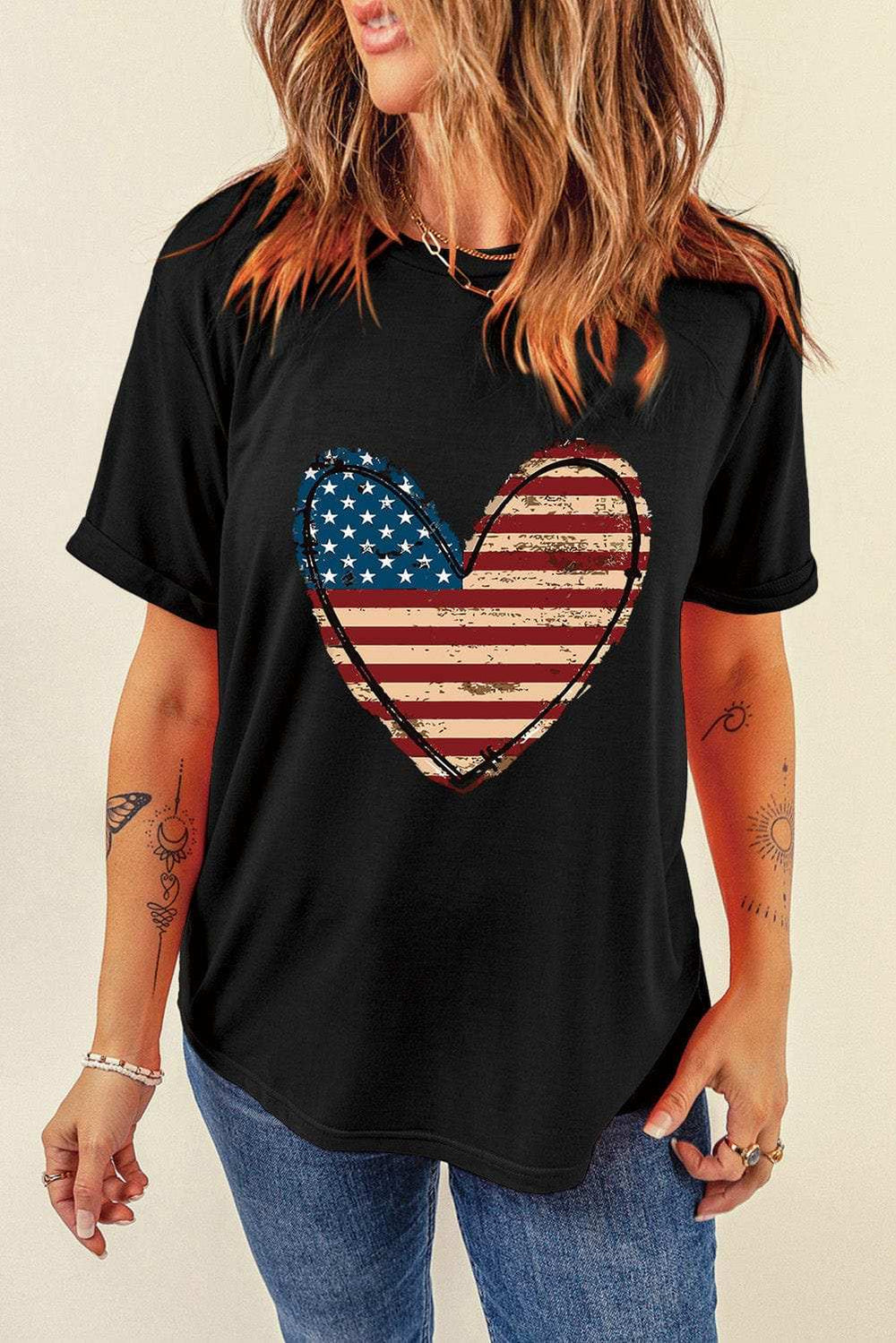 Stars and Stripes Heart Round Neck Short Sleeve T-Shirt - Trendsi - Flyclothing LLC