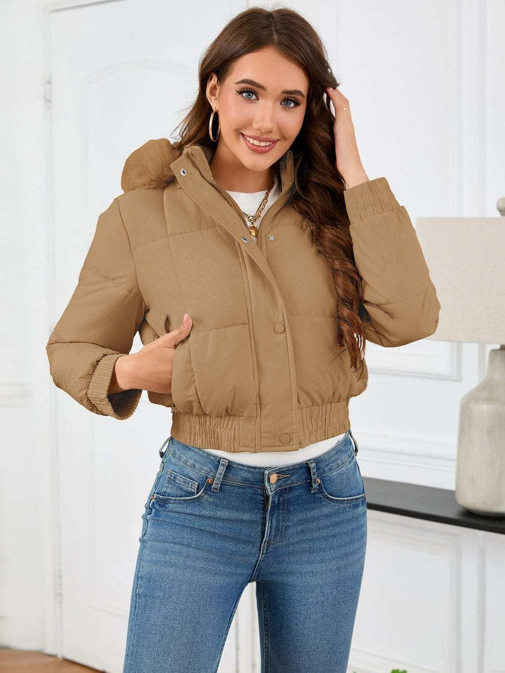 Pocketed Long Sleeve Cropped Hooded Winter Coat - Trendsi - Flyclothing LLC