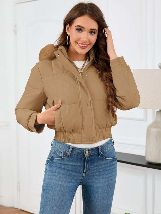 Pocketed Long Sleeve Cropped Hooded Winter Coat - Trendsi - Flyclothing LLC
