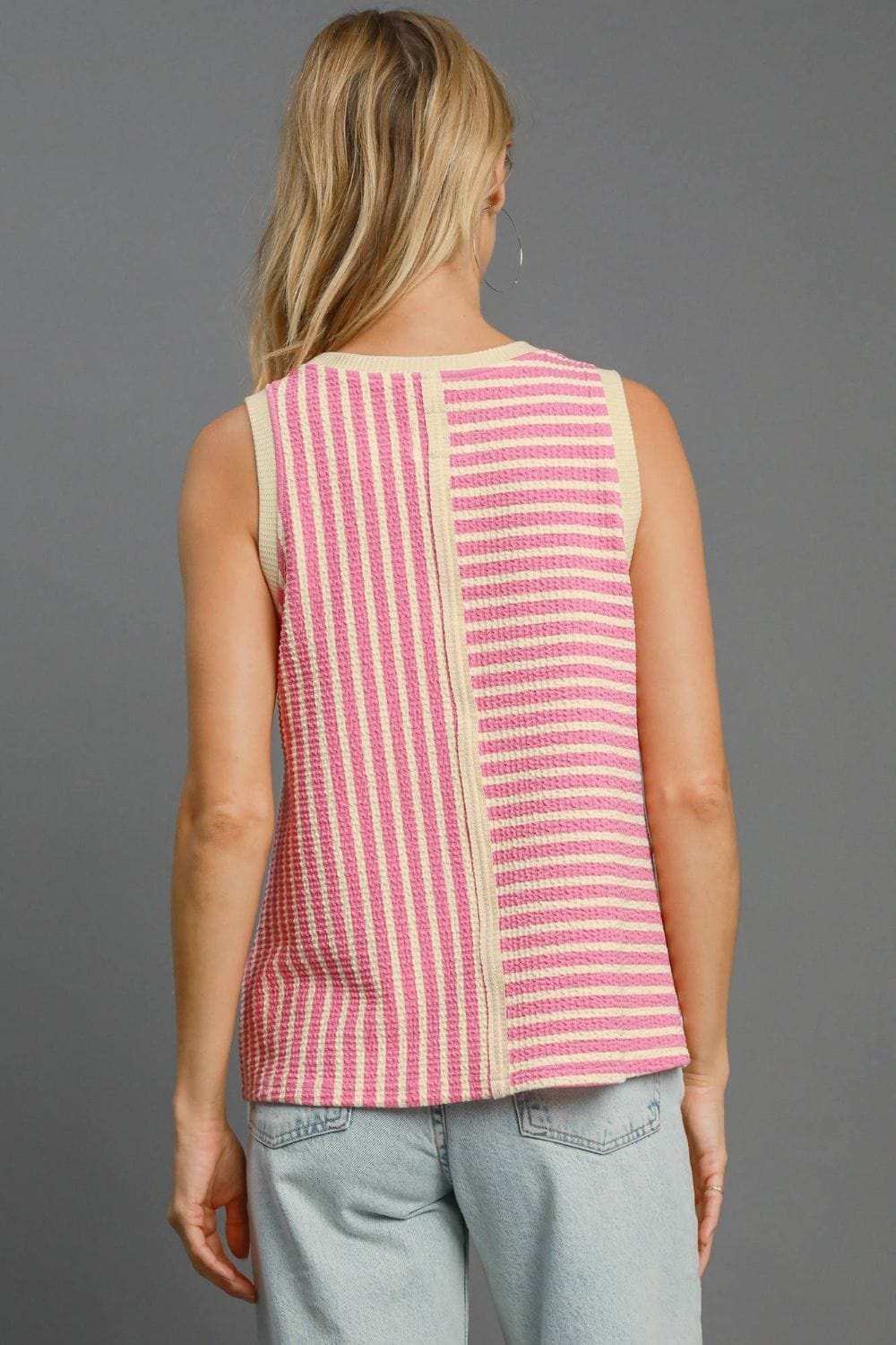 Umgee Round Neck Texture Striped Tank - Trendsi - Flyclothing LLC