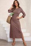 Slit Striped Round Neck Midi Dress - Trendsi - Flyclothing LLC
