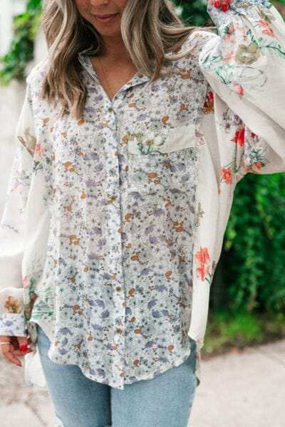 Floral Collared Neck Long Sleeve Shirt - Trendsi - Flyclothing LLC