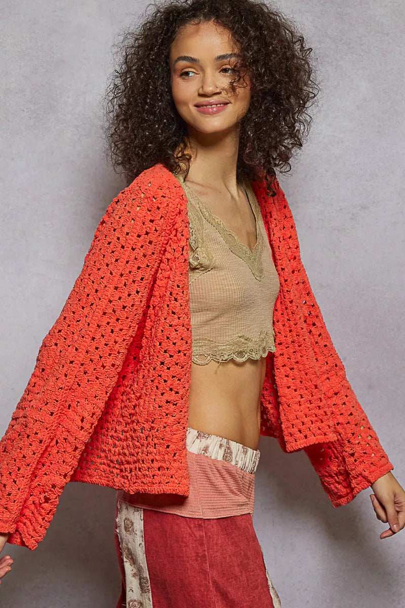 POL Open Front Cardigan with Crochet Patterns - Trendsi - Flyclothing LLC
