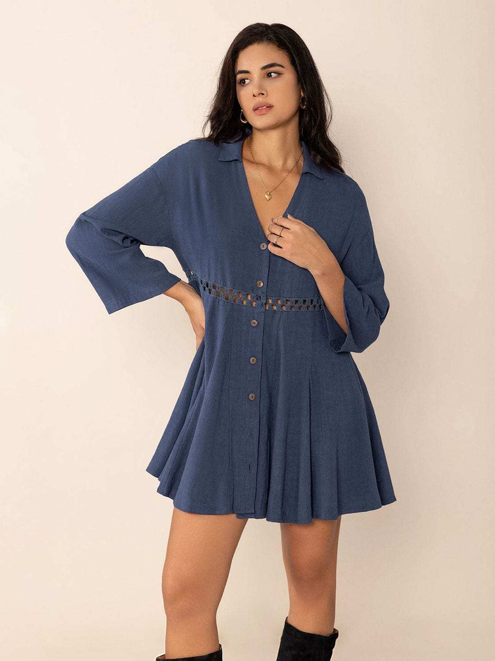 Cutout Johnny Collar Long Sleeve Mini Dress - Trendsi - Flyclothing LLC