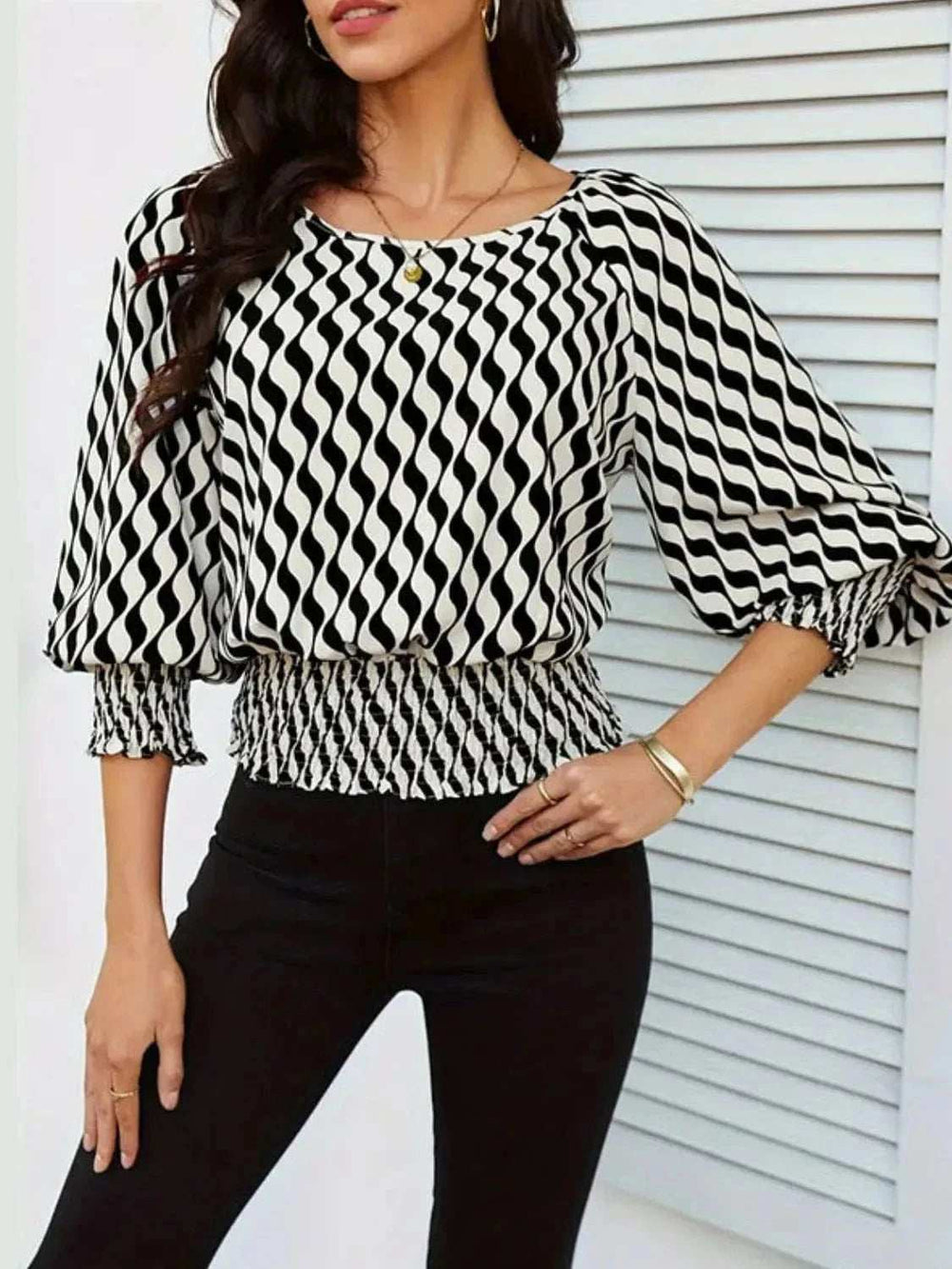 Geometric Print Lantern Sleeve Smocked Waist Blouse - Trendsi - Flyclothing LLC