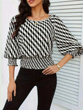 Geometric Print Lantern Sleeve Smocked Waist Blouse - Trendsi - Flyclothing LLC