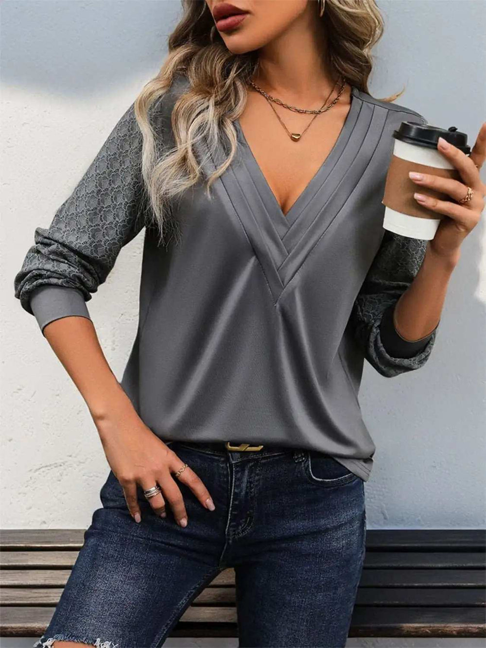 V-Neck Long Sleeve Top - Trendsi - Flyclothing LLC