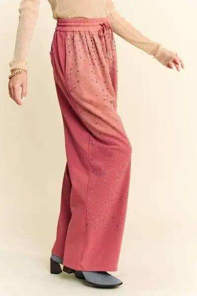 Davi & Dani Rhinestone Drawstring Wide Leg Pants - Trendsi - Flyclothing LLC