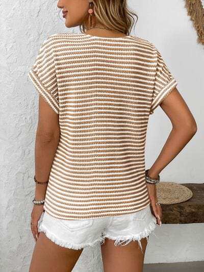 Striped V-Neck Short Sleeve T-Shirt - Trendsi - Flyclothing LLC