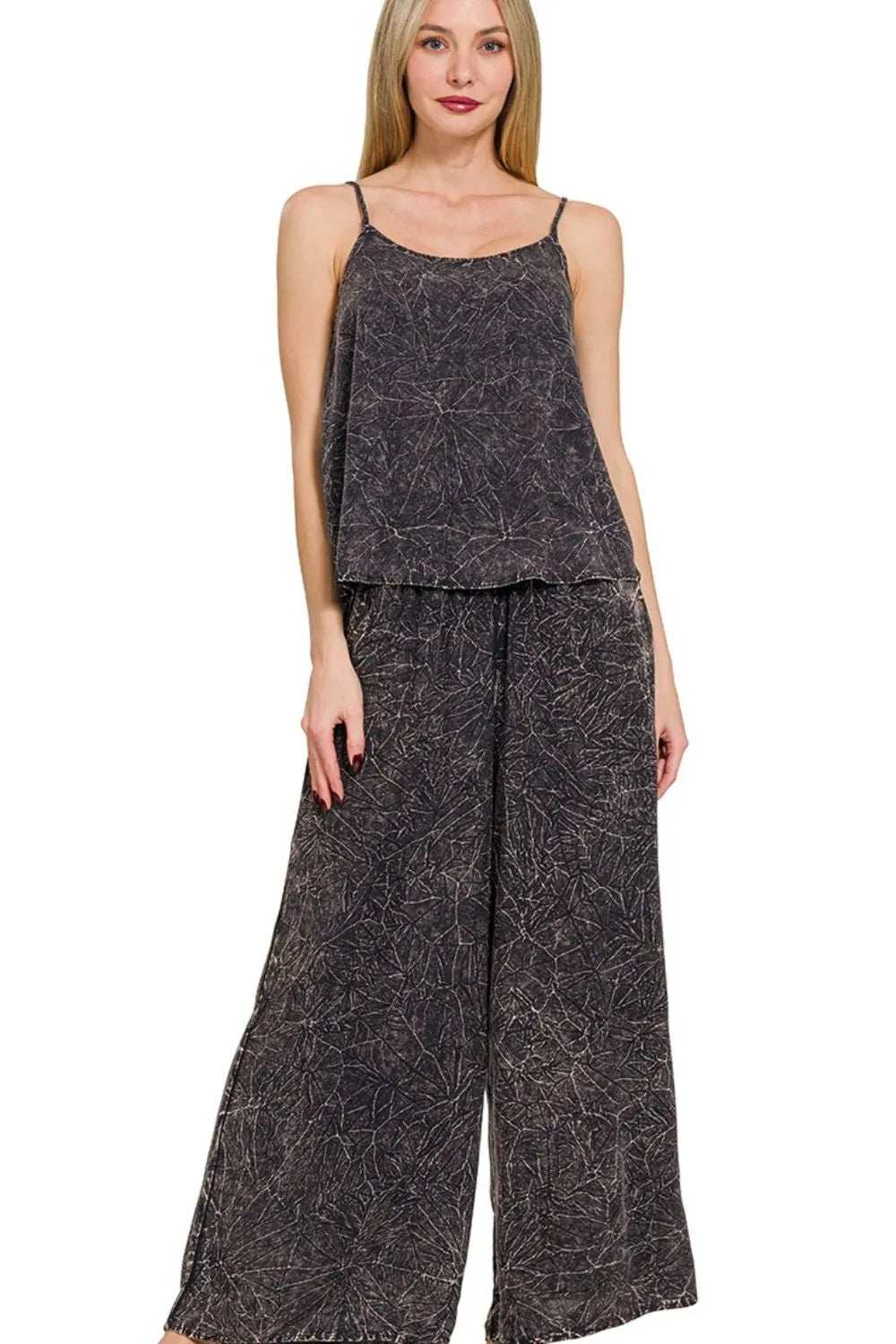 Zenana Woven Acid Crinkle Washed Cami & Pants 2 Piece Set - Trendsi - Flyclothing LLC