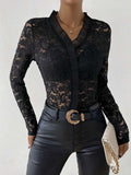 Ruffled V-Neck Long Sleeve Lace Top - Trendsi - Flyclothing LLC