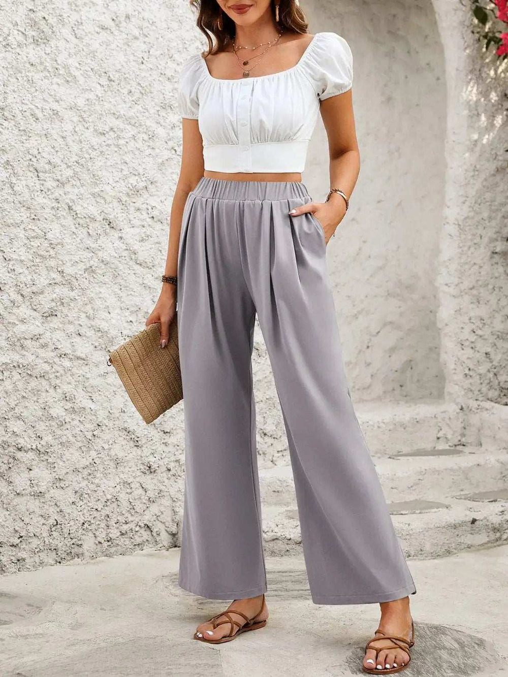 Elastic Waist Wide Leg Pants - Trendsi - Flyclothing LLC