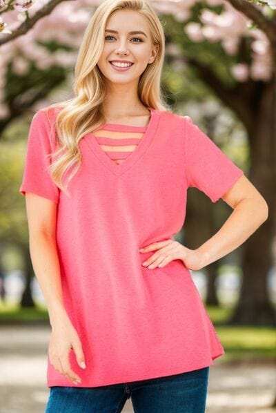 Heimish Full Size V-Neck Short Sleeve T-Shirt with Bar Detail Plus Size - Trendsi - Flyclothing LLC