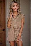 Textured Short Sleeve Half Zip Drawstring Waist Romper - Trendsi - Flyclothing LLC