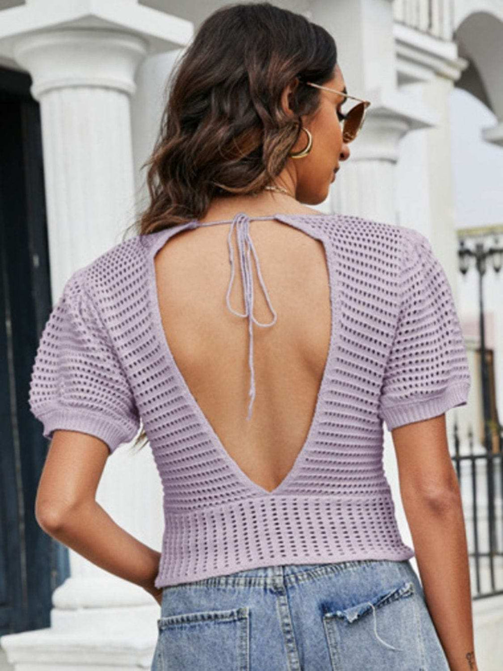 Openwork V-Neck Short Sleeve Knit Top - Trendsi - Flyclothing LLC