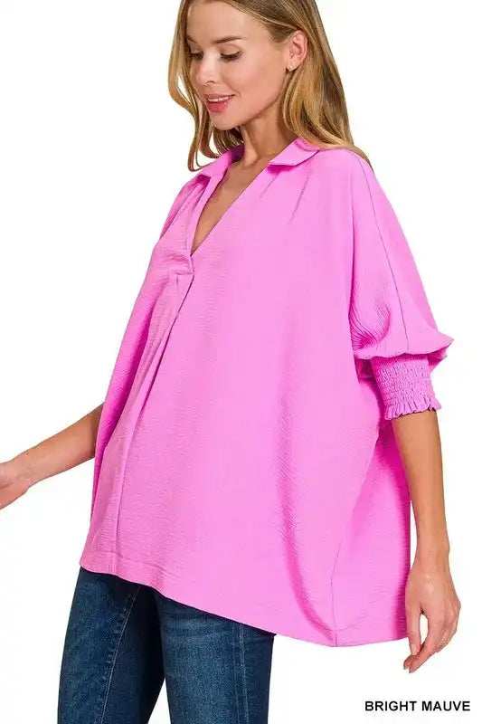 Zenana Airflow Collar Tee with Smocked Sleeve Band Top - Trendsi - Flyclothing LLC