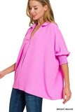 Zenana Airflow Collar Tee with Smocked Sleeve Band Top - Trendsi - Flyclothing LLC