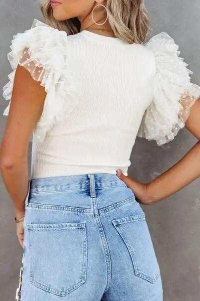 Ruffled Round Neck Cap Sleeve Blouse - Trendsi - Flyclothing LLC