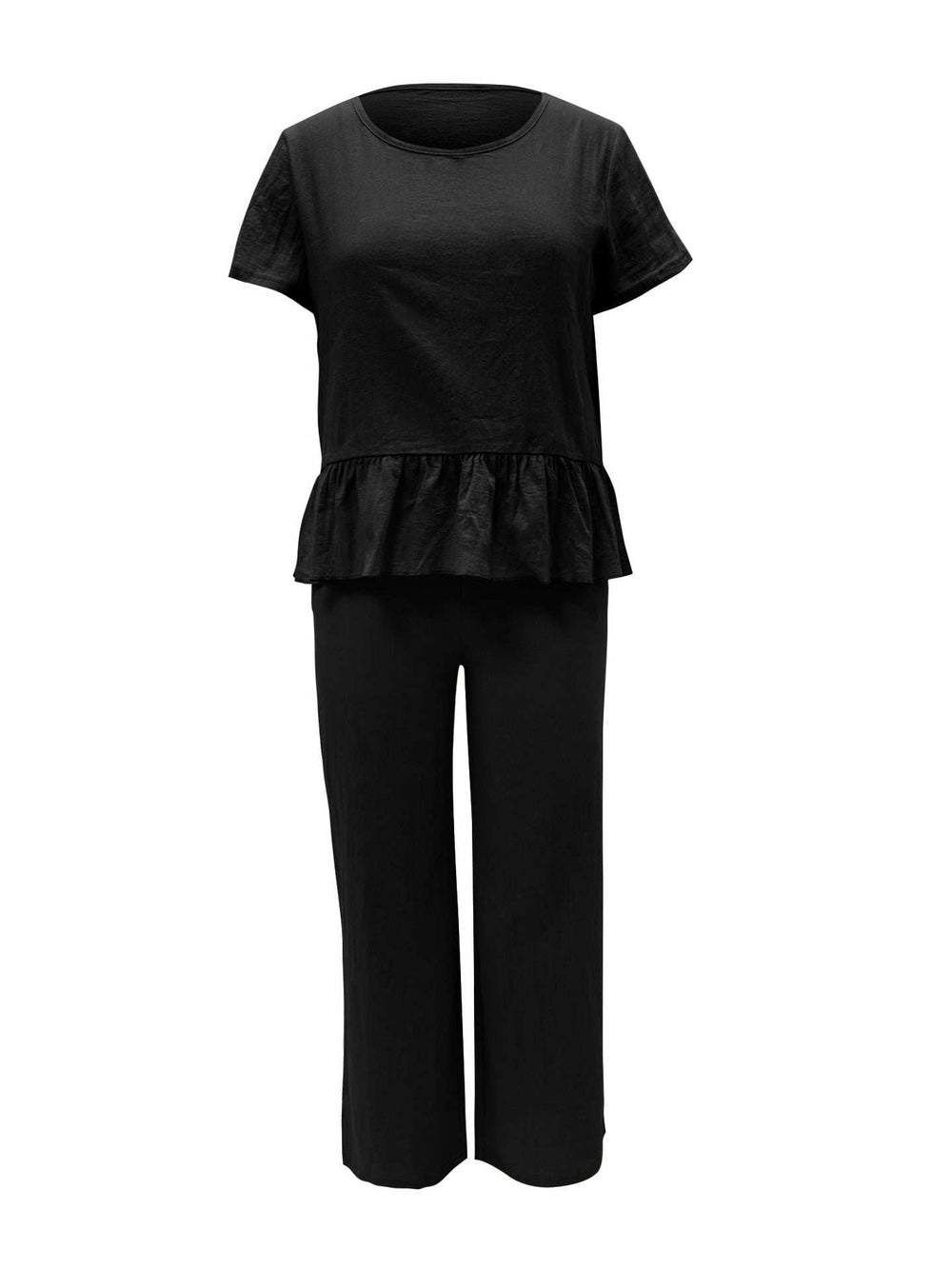 Peplum Round Neck Short Sleeve Top and Pants Set - Trendsi - Flyclothing LLC