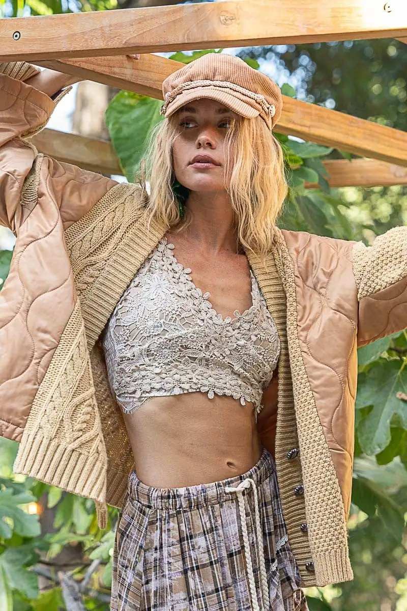 POL Quilting Patch Button Up Cable Knit Jacket - Trendsi - Flyclothing LLC