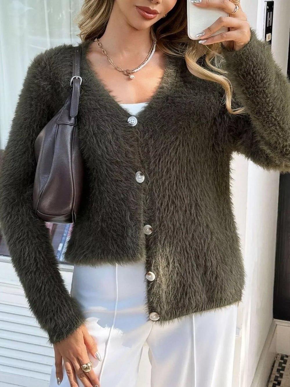 Fuzzy Knit Button-Up Cardigan - Trendsi - Flyclothing LLC