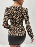 Lace Detail Leopard V-Neck Long Sleeve Top - Trendsi - Flyclothing LLC