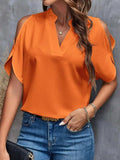 Notched Cold Shoulder Half Sleeve Blouse - Trendsi - Flyclothing LLC