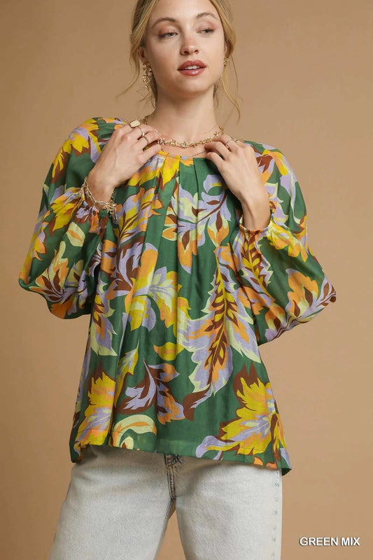 Umgee Mix Abstract Print Balloon Sleeve Blouse - Trendsi - Flyclothing LLC