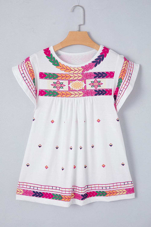 Printed Round Neck Cap Sleeve Blouse - Trendsi - Flyclothing LLC