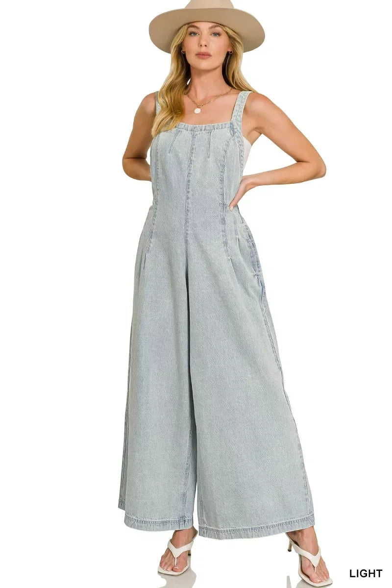Zenana Denim Light Washed Wide Leg Overalls - Trendsi - Flyclothing LLC