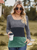 Color Block Square Neck Long Sleeve T-Shirt - Trendsi - Flyclothing LLC