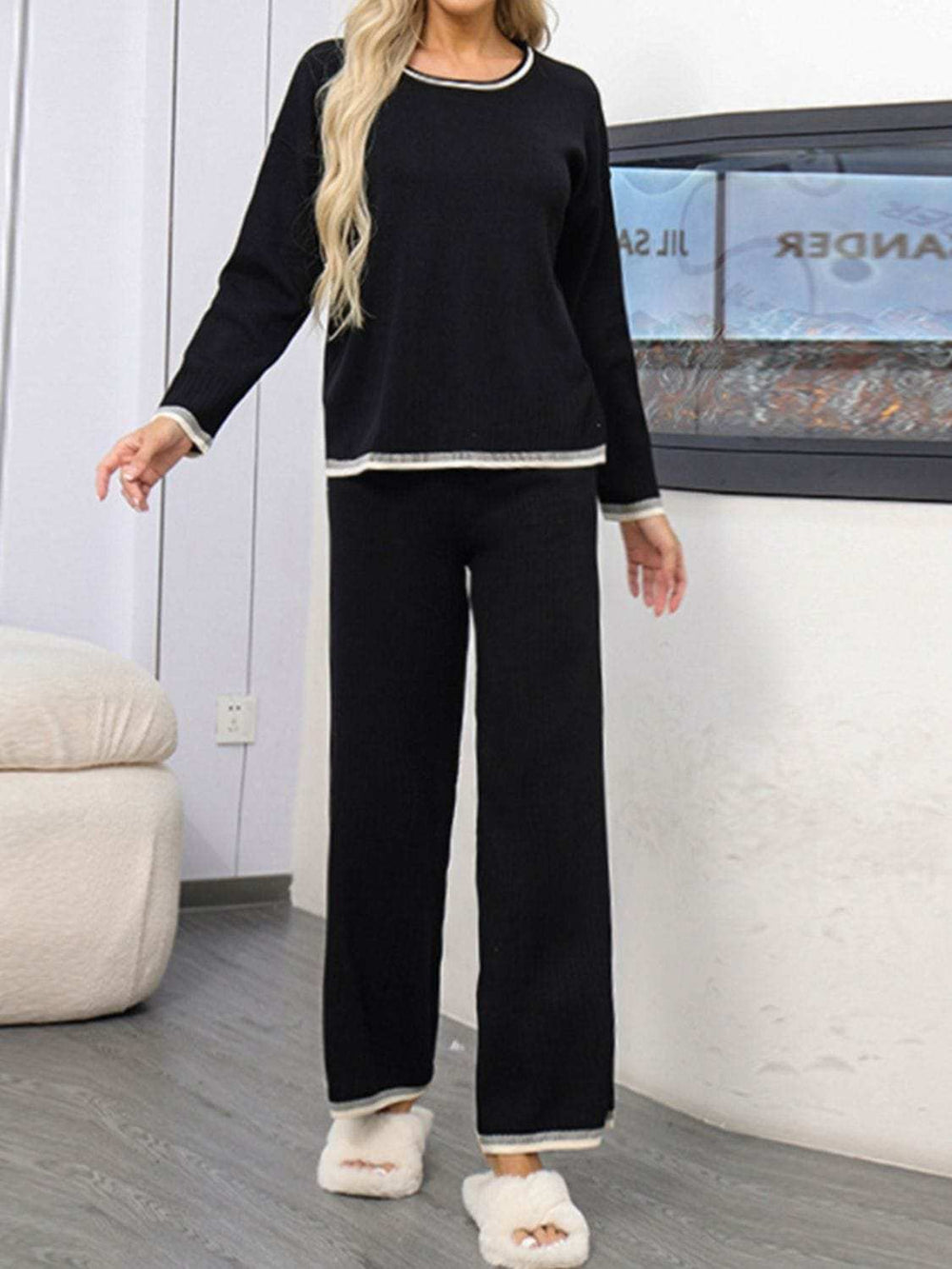 Contrast Trim Round Neck Top and Pants Sweater Set - Trendsi - Flyclothing LLC