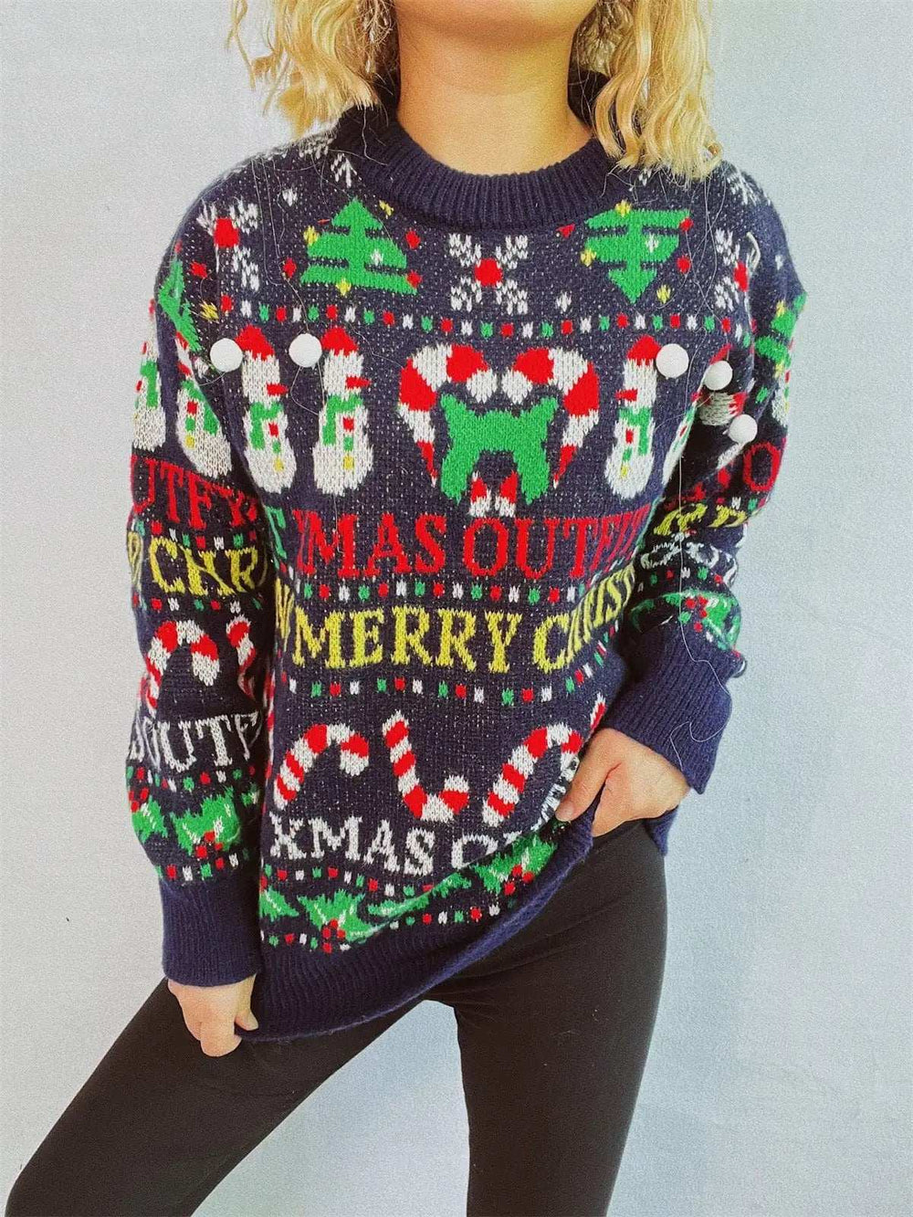 Christmas Pattern Round Neck Long Sleeve Sweater - Trendsi - Flyclothing LLC