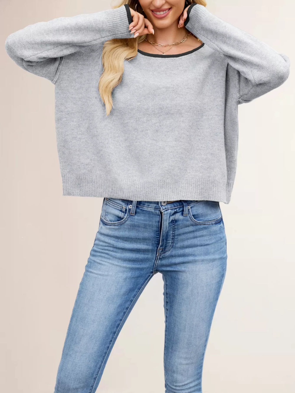 Round Neck Dropped Shoulder Sweater - Trendsi - Flyclothing LLC