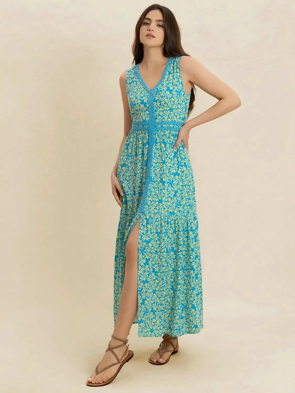 Slit Printed V-Neck Sleeveless Dress - Trendsi - Flyclothing LLC