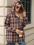Drawstring Plaid Hooded Long Sleeve Top - Trendsi - Flyclothing LLC