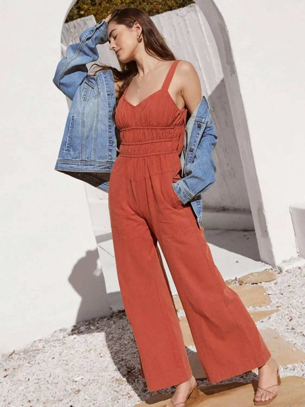 Ruched Wide Strap Jumpsuit with Pockets - Trendsi - Flyclothing LLC