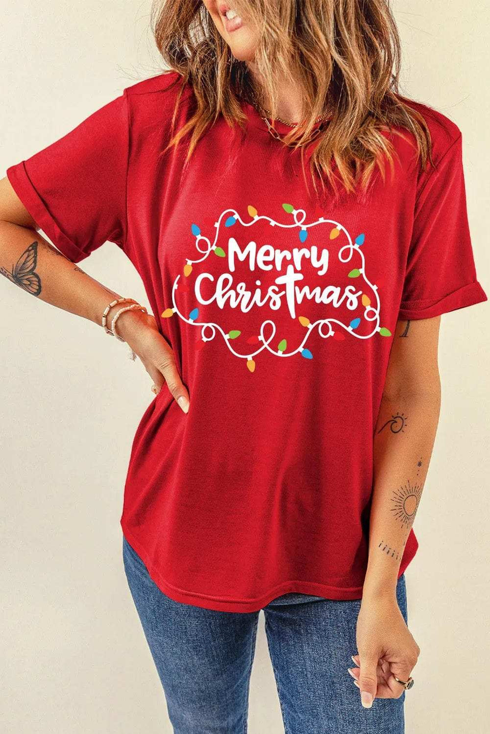 MERRY CHRISTMAS Round Neck Short Sleeve T-Shirt - Trendsi - Flyclothing LLC