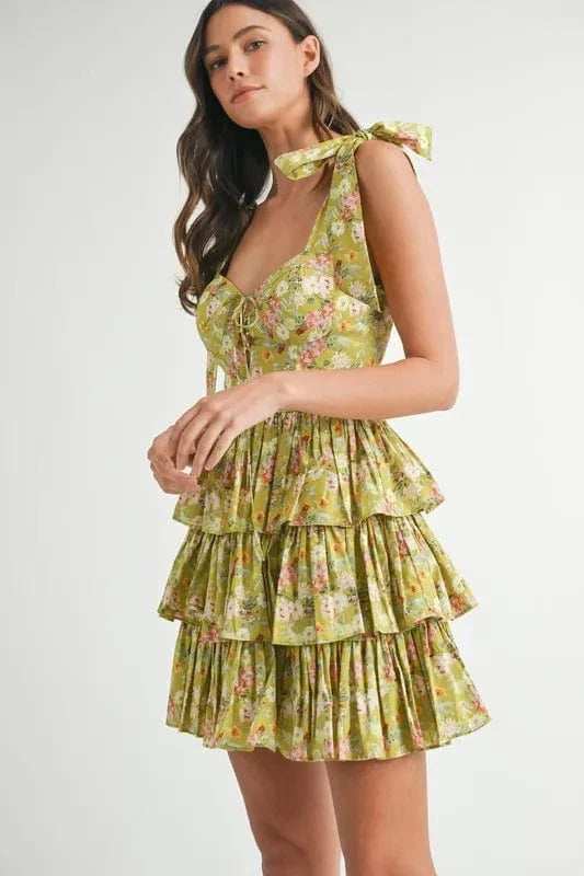 MABLE Floral Print Shoulder Tie Layered Mini Dress - Trendsi - Flyclothing LLC