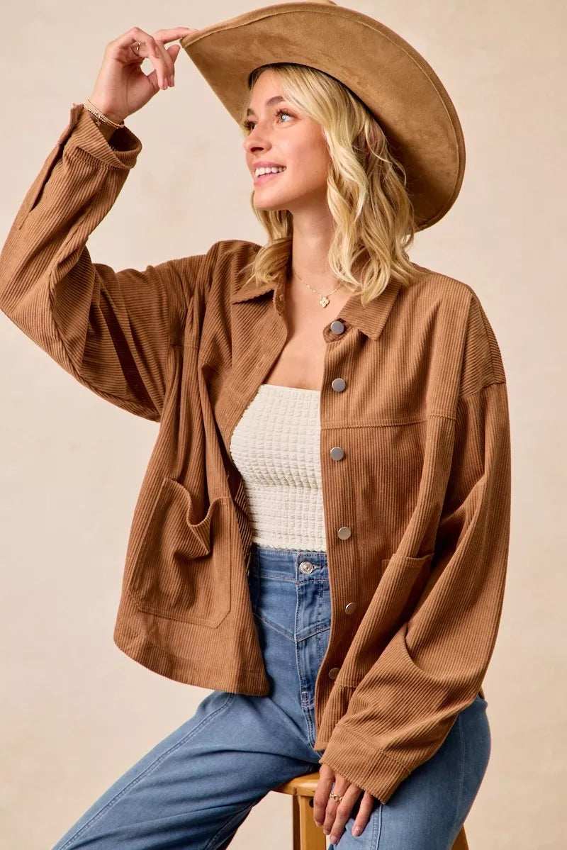 BiBi Corduroy Relaxed Fit Shacket with Back Pleat - Trendsi - Flyclothing LLC