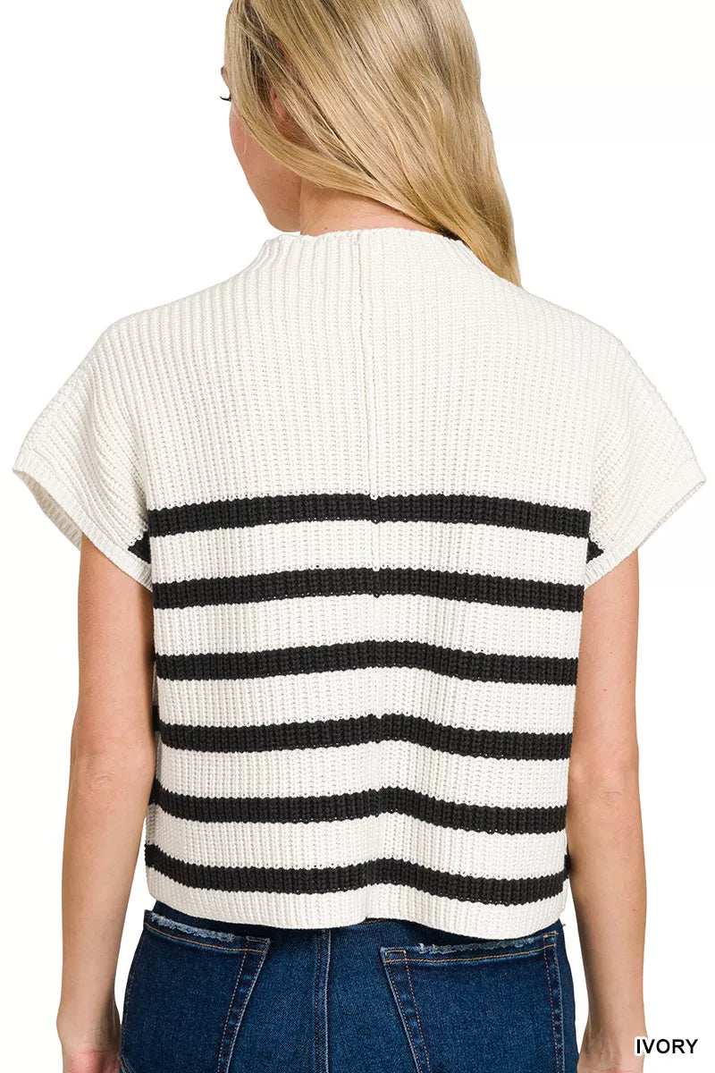 Zenana Short Sleeve Stripe Sweater - Trendsi - Flyclothing LLC