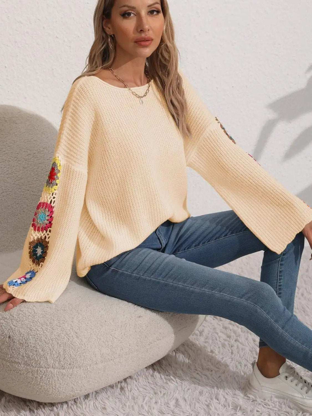 Crochet Flower Long Sleeve Sweater - Trendsi - Flyclothing LLC