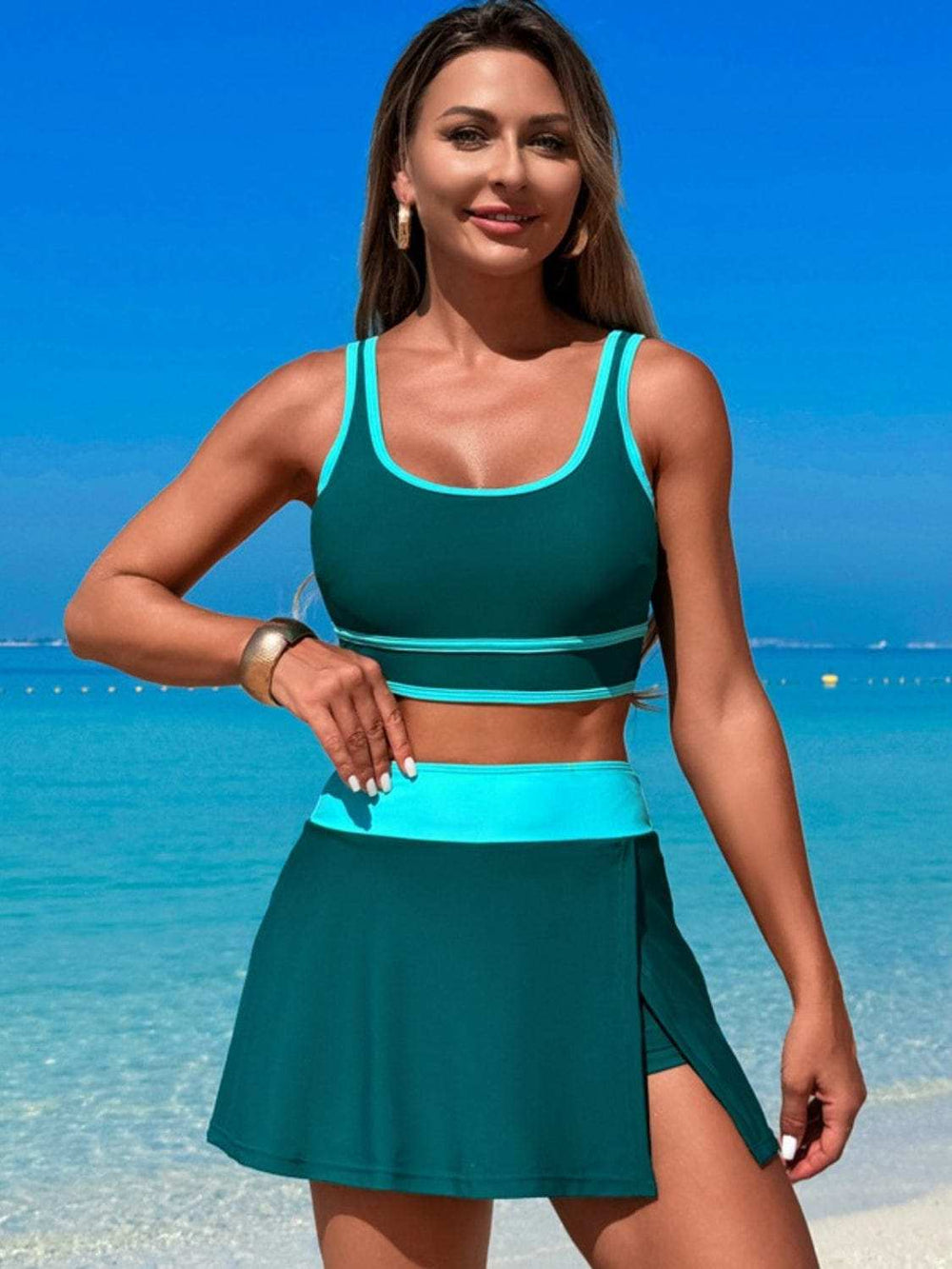 Scoop Neck Top and Skort Swim Set - Trendsi - Flyclothing LLC