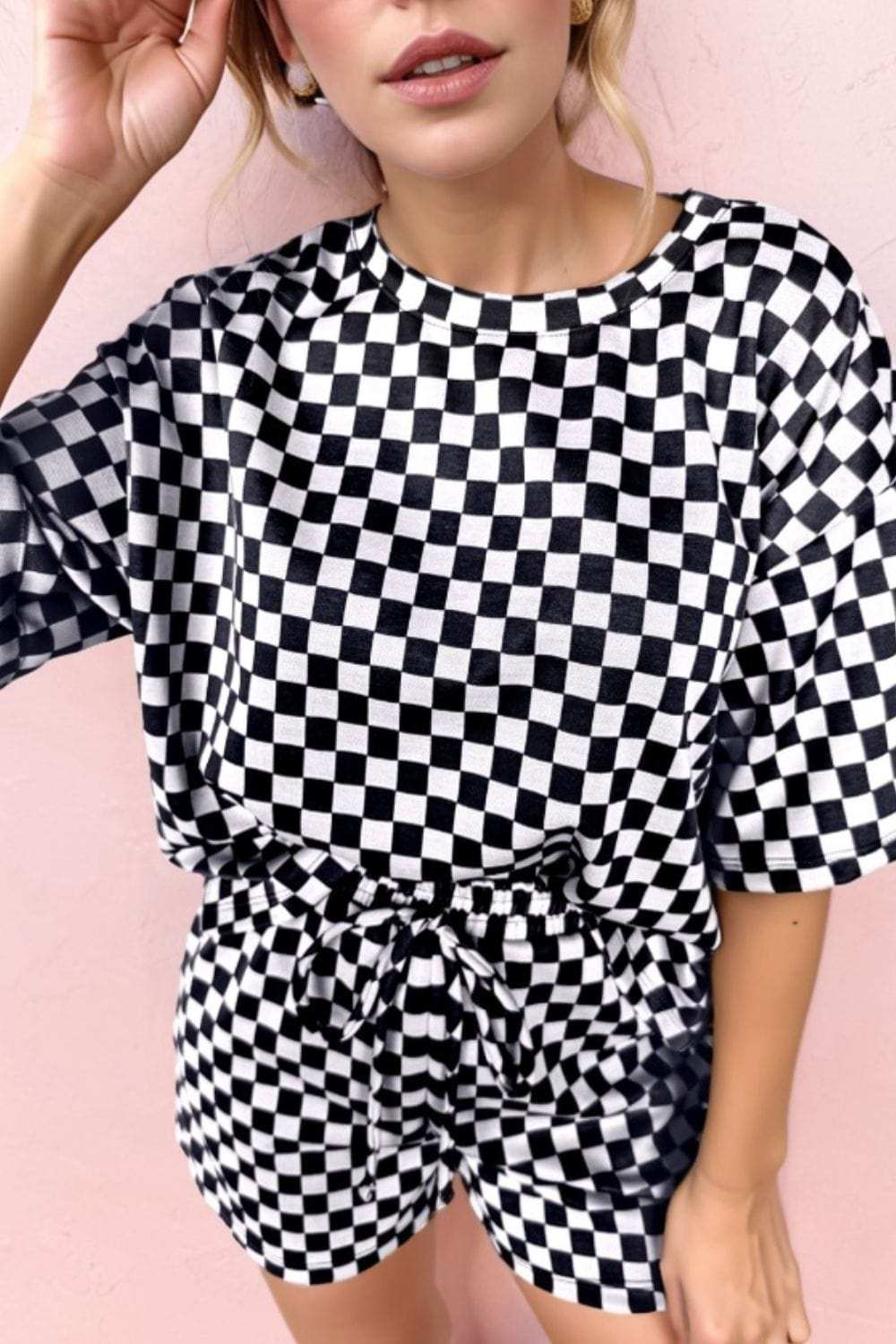 Checkered Round Neck Top and Shorts Set - Trendsi - Flyclothing LLC