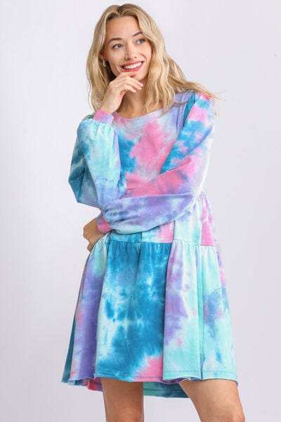Umgee Full Size Tie Dye Round Neck Long Sleeve Babydoll Tiered Dress Plus Size - Trendsi - Flyclothing LLC