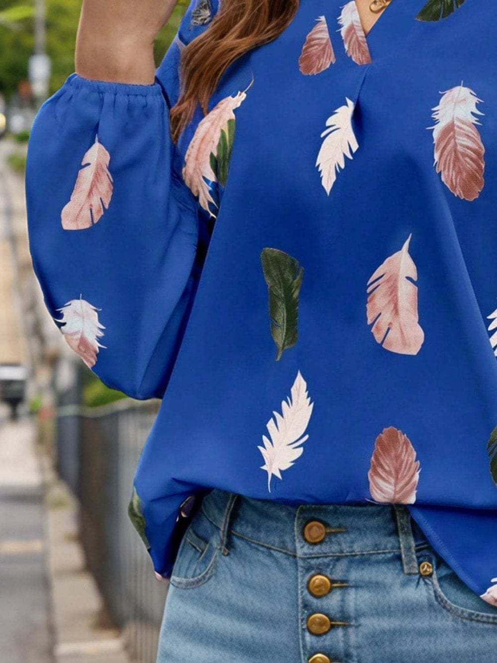 Feather Print Notched Balloon Sleeve Top - Trendsi - Flyclothing LLC