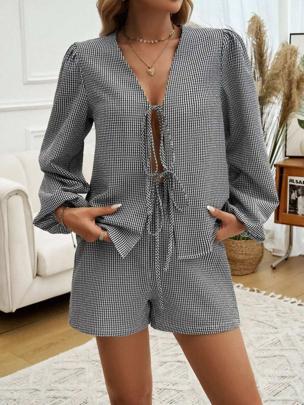 Tied Long Sleeve Top and Shorts Set - Trendsi - Flyclothing LLC