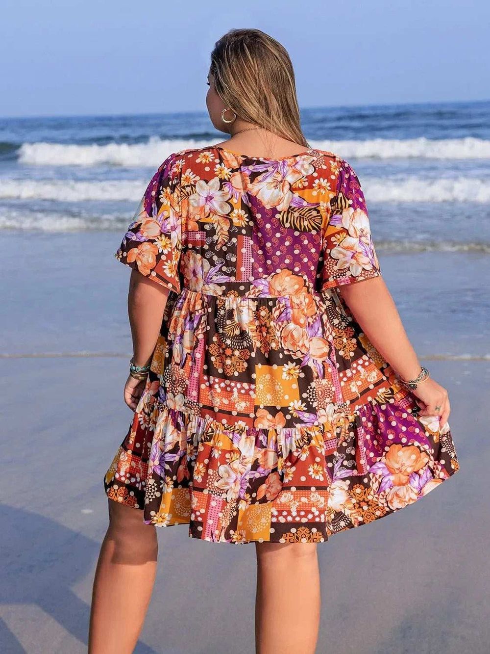 Plus Size Printed Round Neck Short Sleeve Dress - Trendsi - Flyclothing LLC
