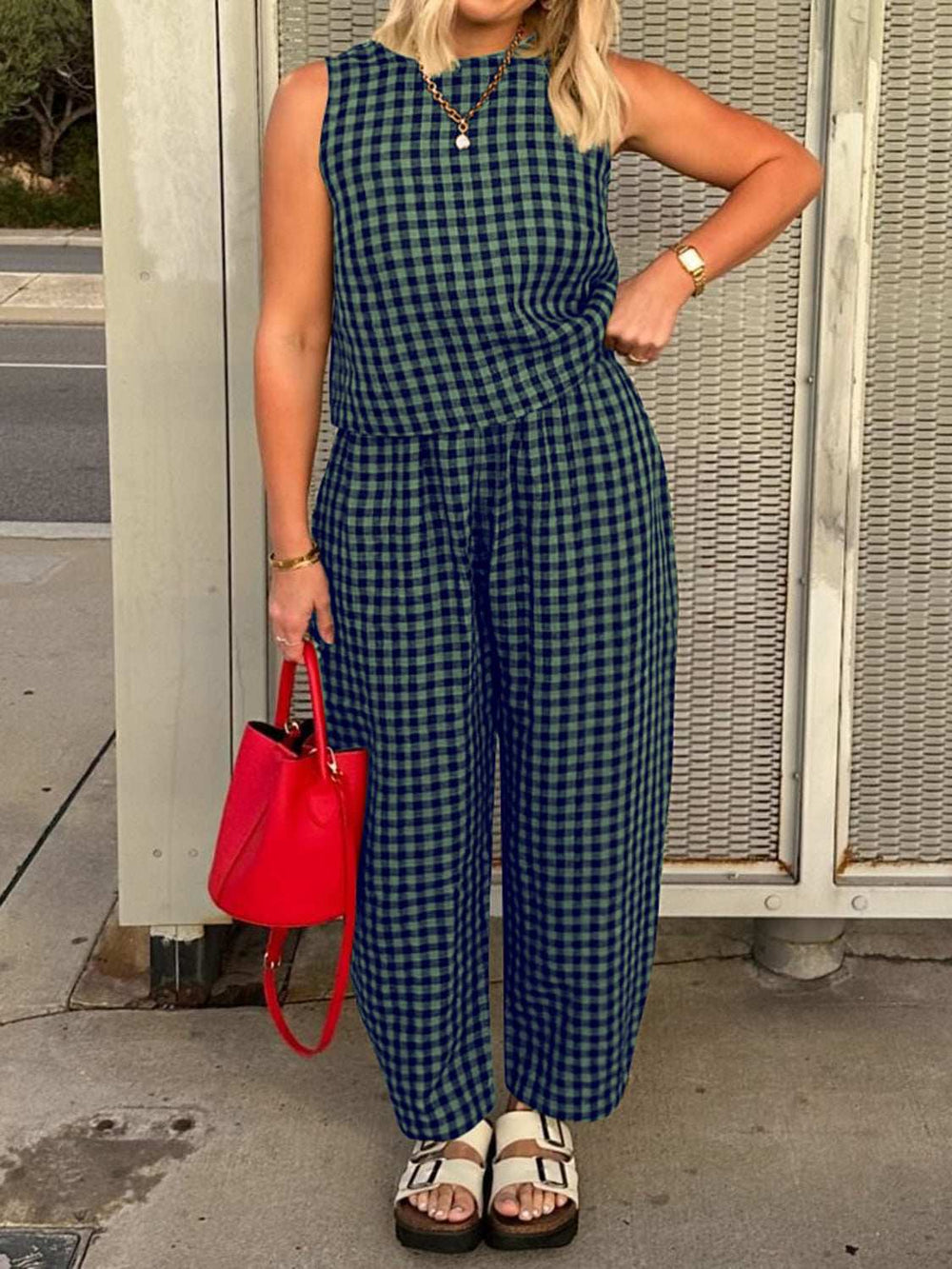 Lovelet Plaid Round Neck Sleeveless Top and Pants Set - Trendsi - Flyclothing LLC